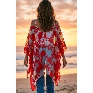 Vtg Red Sheer Floral Burnout Shawl Kimono Wrap Boho Festival Stevie Nicks